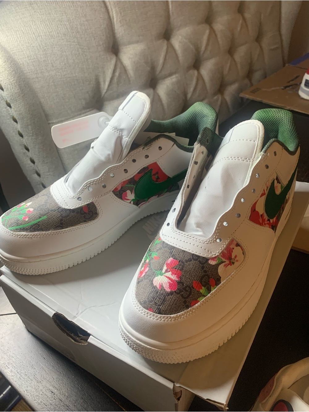 Men's White Nike Air Force Sneakers with Green Accents and Floral Panels